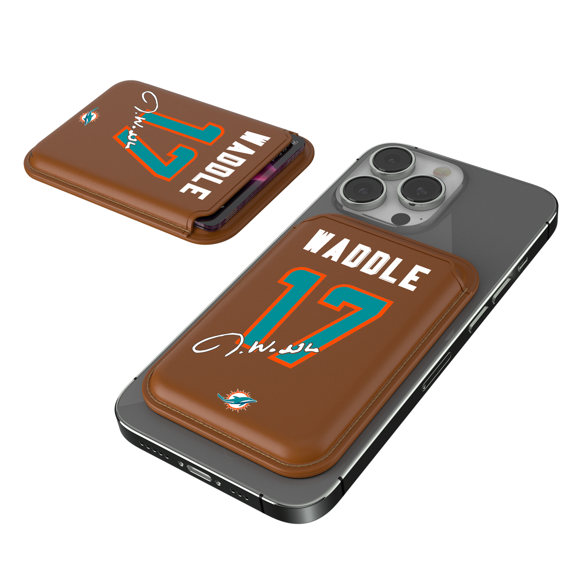 Jaylen Waddle Miami Dolphins 17 Ready Brown Magnetic Credit Card Wallet