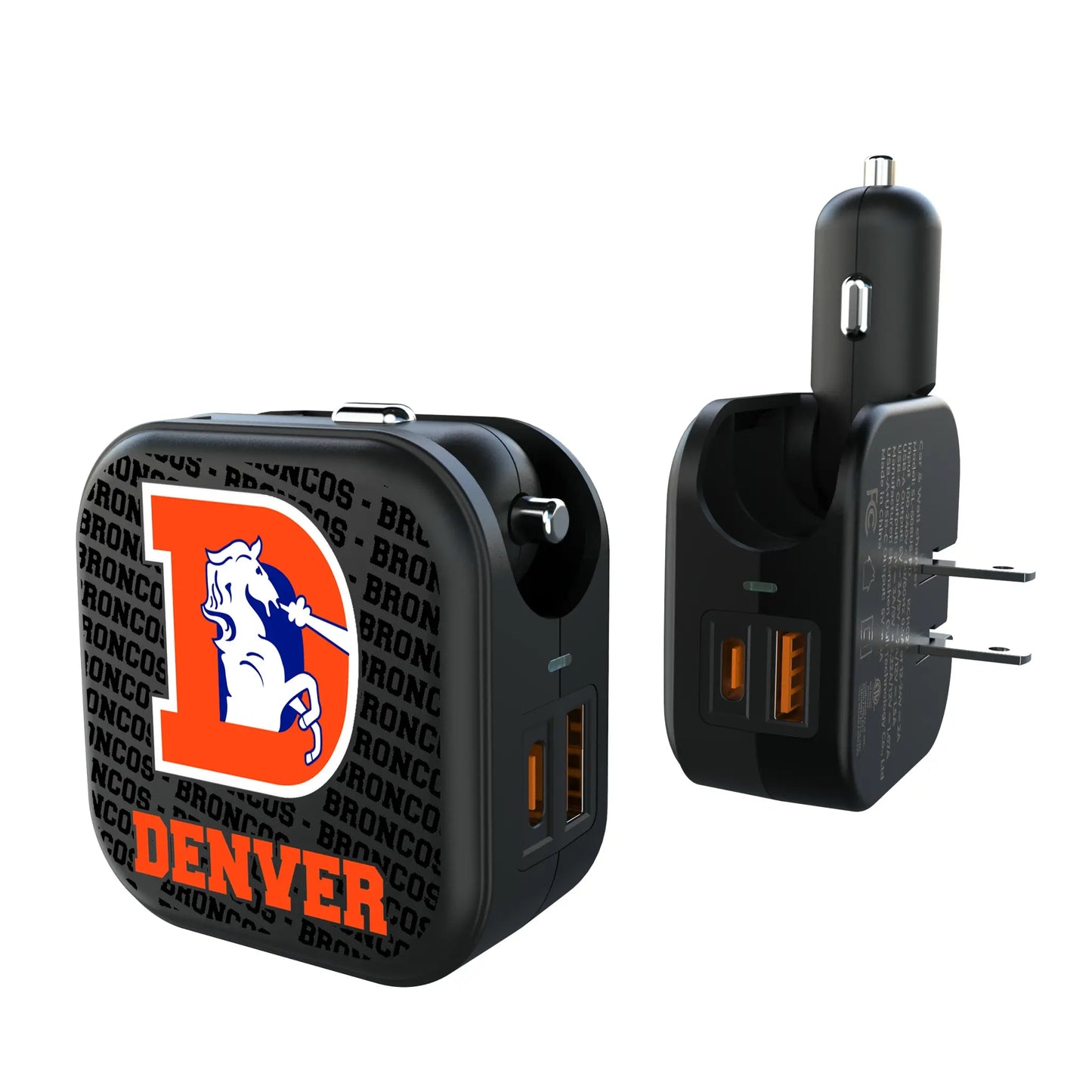 Denver Broncos 1993-1996 Historic Collection Text Backdrop 2 in 1 USB A/C Charger