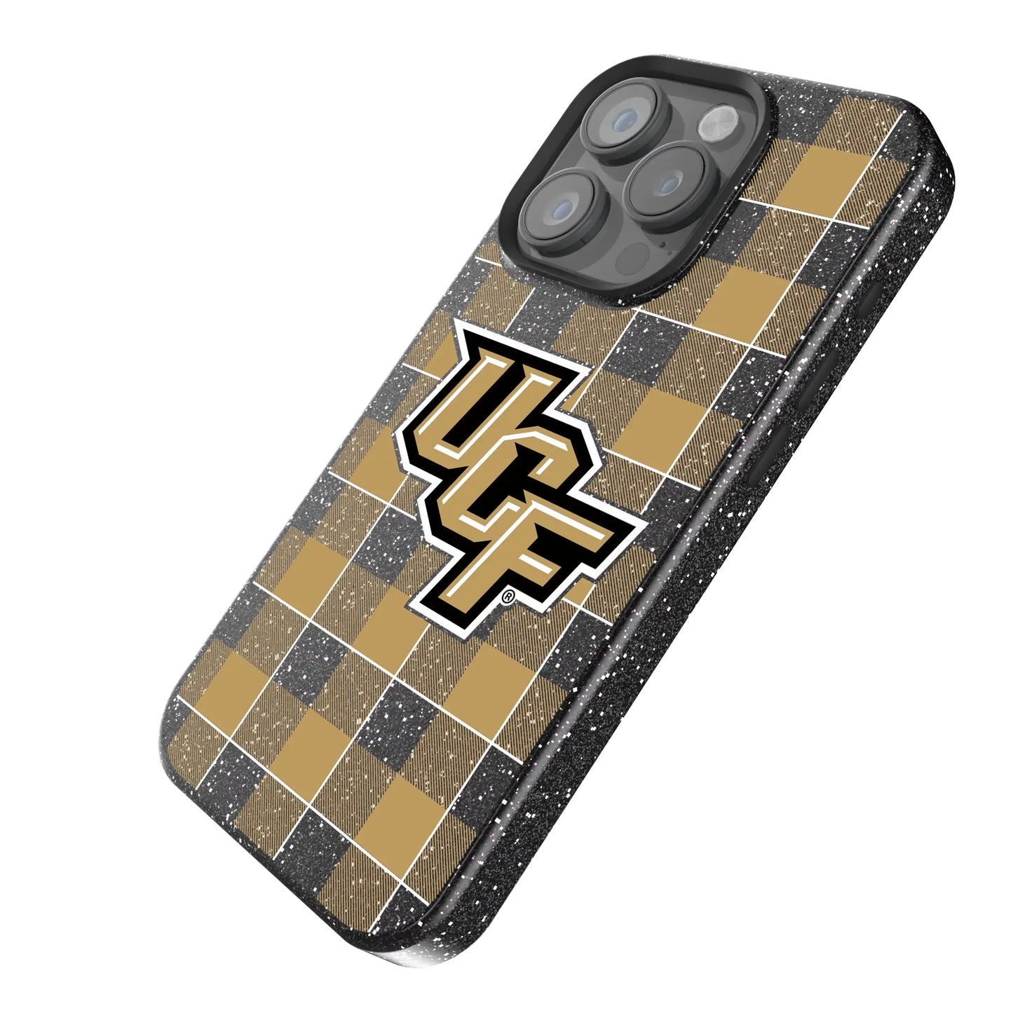 University of Central Florida Golden Knights Plaid Black Bling Phone Case for Apple iPhone
