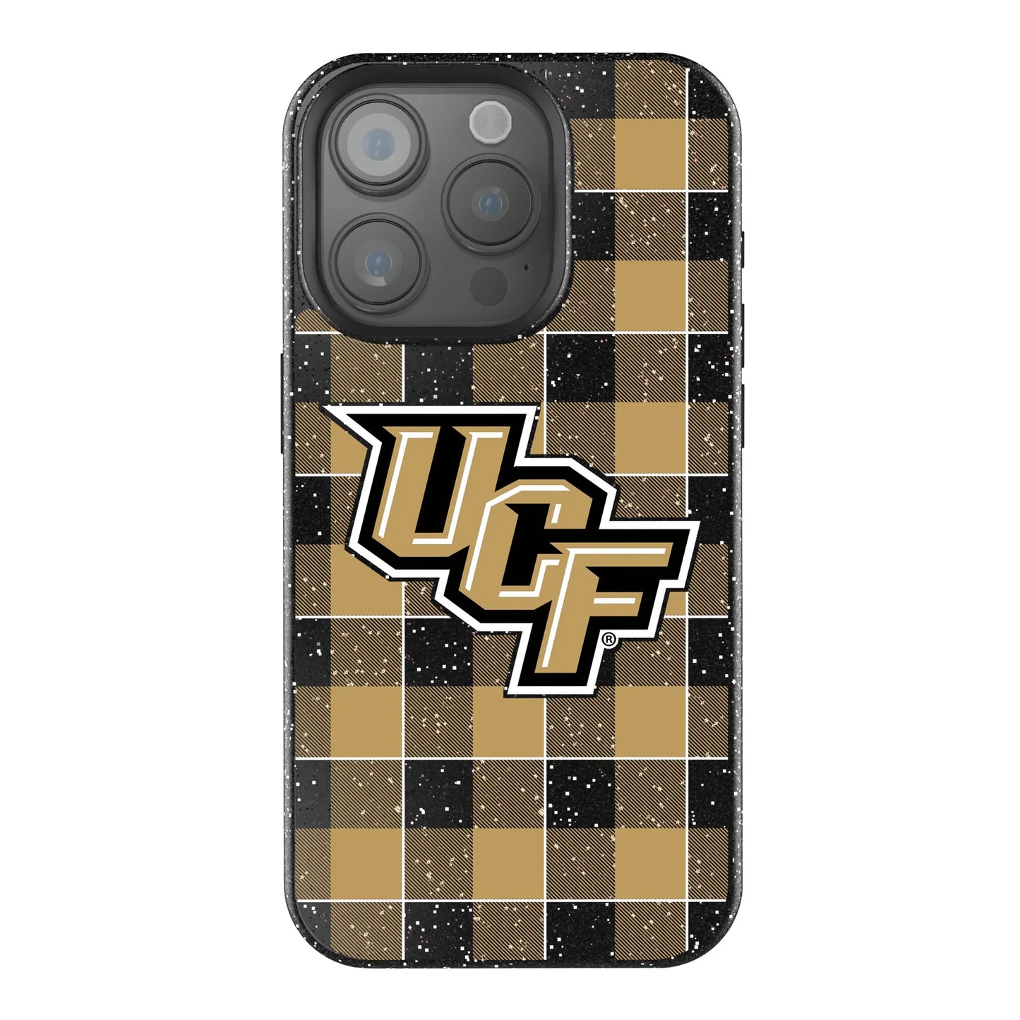 University of Central Florida Golden Knights Plaid Black Bling Phone Case for Apple iPhone