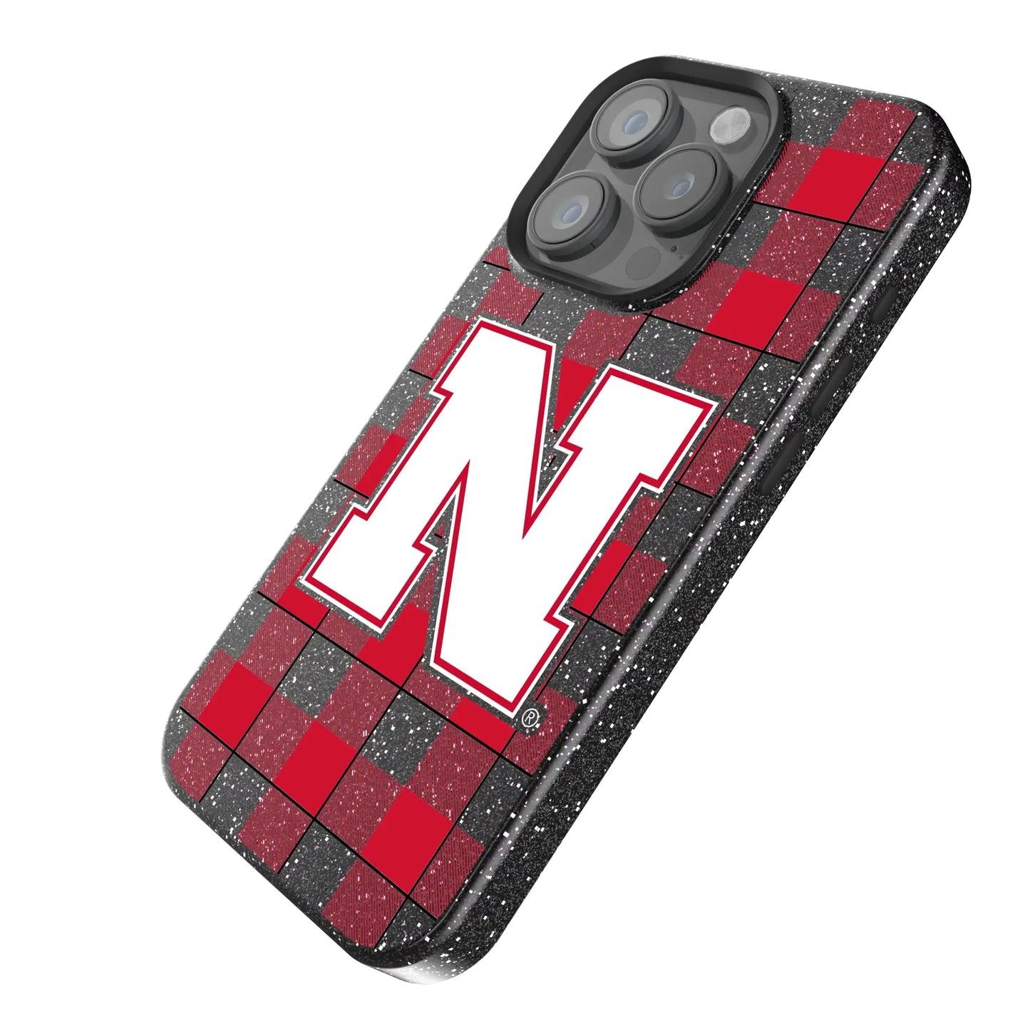 University of Nebraska Huskers Block N Plaid Black Bling Phone Case for Apple iPhone
