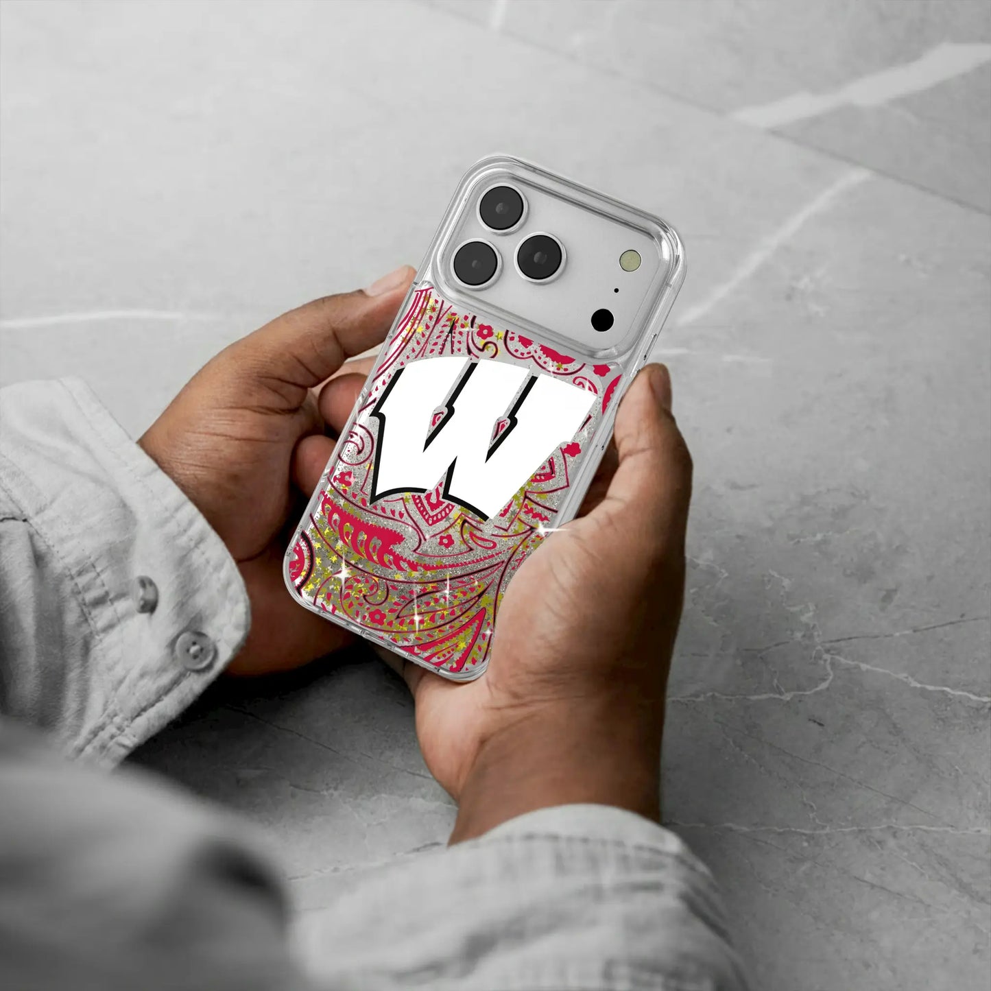 University of Wisconsin Badgers Paisley Glitter Phone Case for Apple iPhone